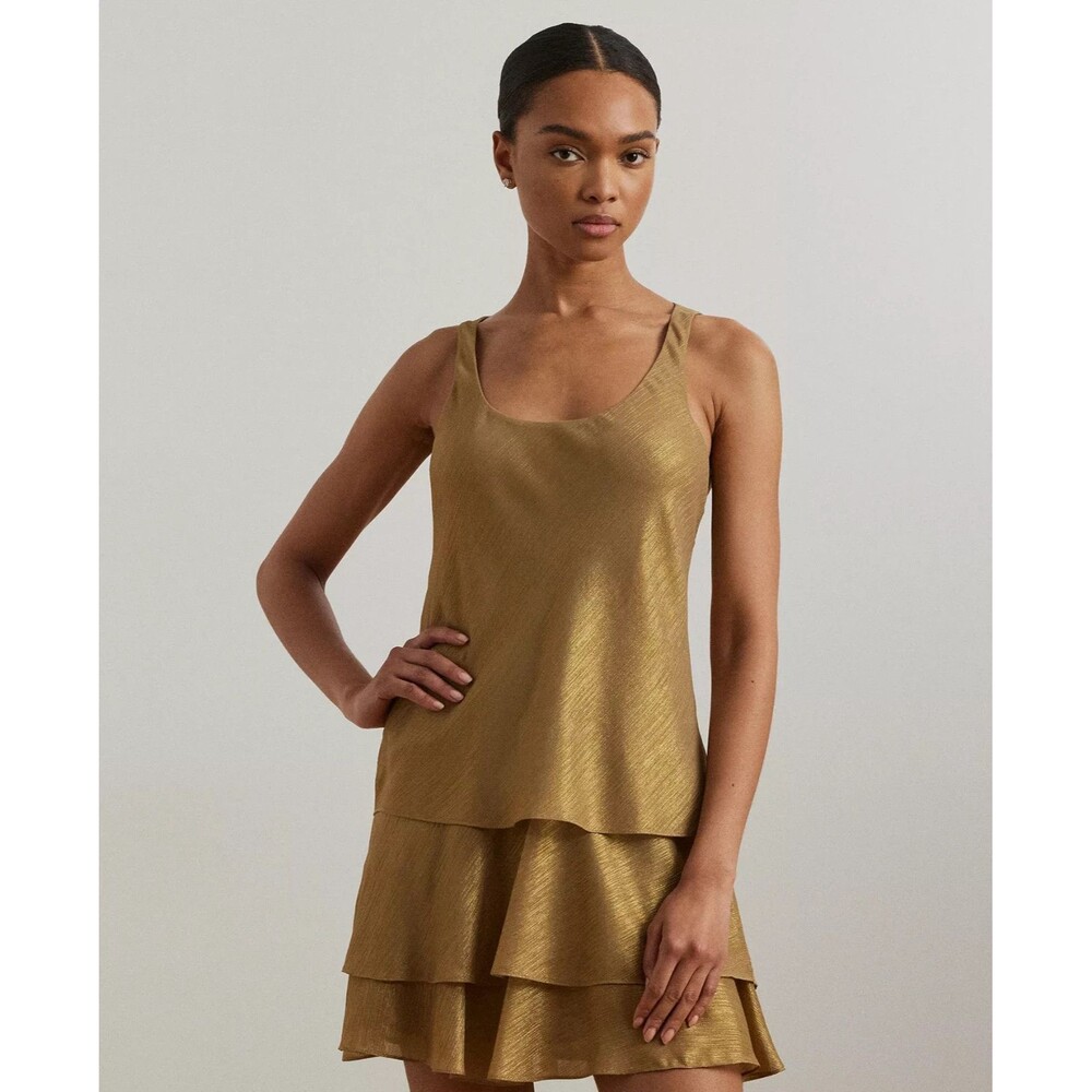 Lauren Ralph Lauren Women's Metallic Chiffon Sleeveless Shift Dress Tan Gold 10